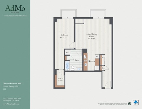 Floor plan for 1 bed, 1 bath, 783 sqft